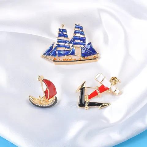 Vintage Naval Style Enamel Sailboat Anchor Brooch Pin Alloy Rhinestone Maritime Theme Suit Lapel Pin Jewelry For Women Men
