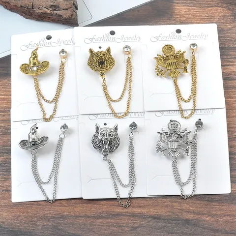 Vintage Legierung Tier Wolf Adler Wappen Zaubererhut Brosche Doppelkette Strass Anstecknadel Schmuck Für Damen Herren Mantel Zubehör