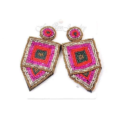Pendientes Bohemios de Cuentas de Semillas Rosa Fuerte Hechos a Mano Sandía Geométricos Borla Estilo Étnico Pendientes para Mujer Joyería Regalo
