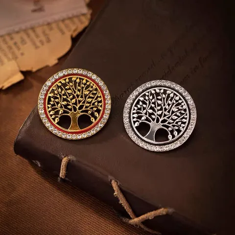 Broche Arbre de Vie en Alliage Vintage Incrustée de Strass Épingle de Revers Ronde Antique pour Costume Mariage Bijoux
