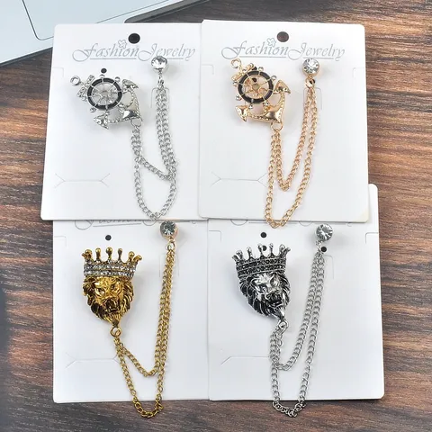 Vintage Herren Löwenkopf Anker Kette Brosche Legierung Strass Anzug Reversnadel Abzeichen Für Mantel Formelle Hochzeit Bankett Schmuck Geschenk
