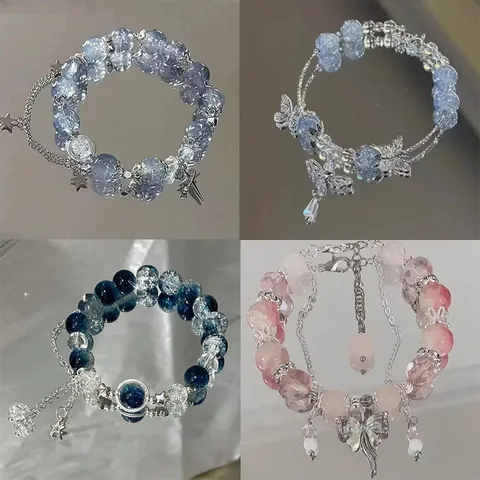 Chinese Style Glass Bead Charm Bracelet Geometric Crystal Beaded Star Butterfly Pendant Bracelet Fashion Jewelry For Women