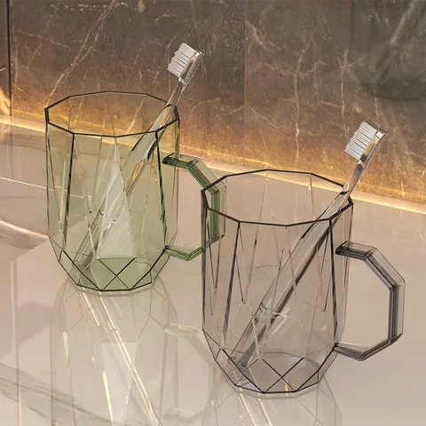 Transparante Plastic Mondspoelbak Geometrisch Gefacetteerde Tandenborstelhouder Moderne Badkamer Beker Met Handvat