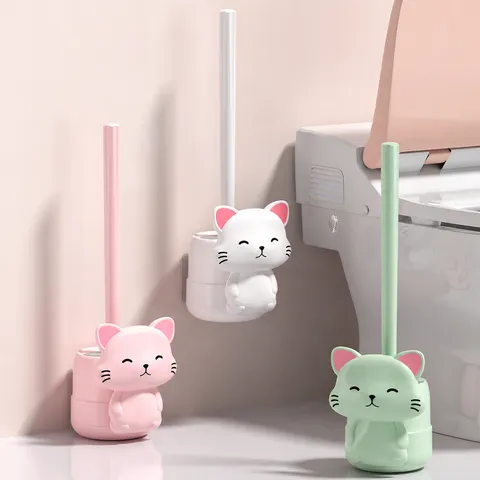 Cute Cartoon Cat Toilet Brush And Holder Set Wall Mounted Plastic Toilet Bowl Cleaner Brush With Drain Base