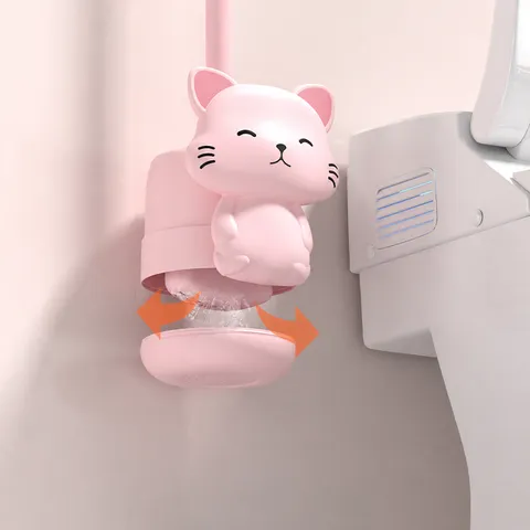 Cute Cartoon Cat Toilet Brush And Holder Set Wall Mounted Plastic Toilet Bowl Cleaner Brush With Drain Base