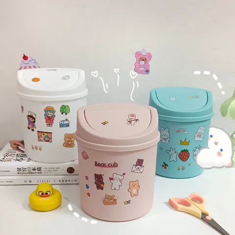 Mini Poubelle de Bureau Mignonne Style Nordique Boîte de Rangement en Plastique Avec Couvercle à Pression pour Bureau et Maison