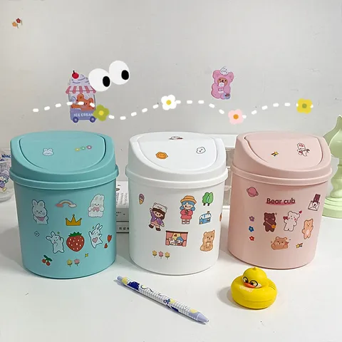 Mini Poubelle de Bureau Mignonne Style Nordique Boîte de Rangement en Plastique Avec Couvercle à Pression pour Bureau et Maison