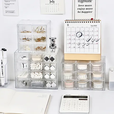 Boîte de Rangement de Bureau en Plastique Transparent Organisateur de Tiroir Multi Grilles Pour Papeterie Cosmétiques Bijoux Bureau