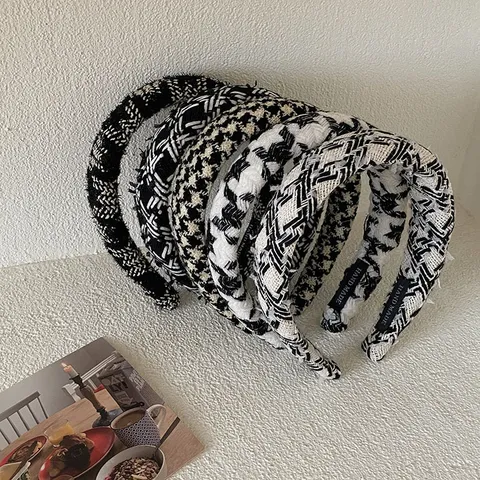 Serre-tête Rembourré en Tweed Pied-de-poule Style Coréen pour Femmes Vintage Bord Large Tricoté Élégant Accessoire Cheveux