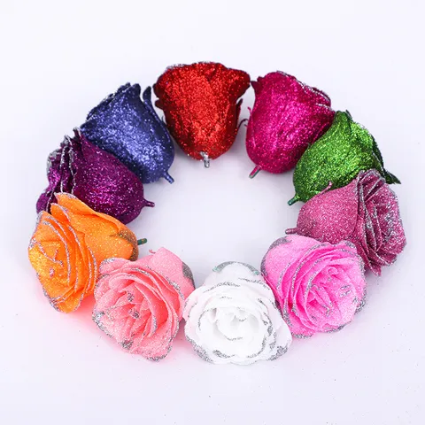 Artificial Rose Flower Heads with Glitter Edge Fake Flowers For Valentine Day Wedding Party Bouquet Gift Box Home Decor