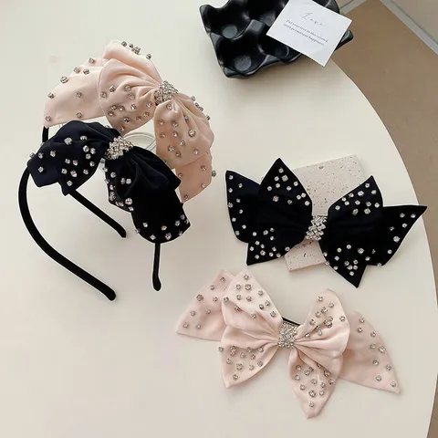 Diadema y Pasador de Pelo con Lazo de Estilo Coreano Elegante en Tela con Rhinestones Completos Accesorios de Pelo Brillantes para Mujer Banquete Citas Diario