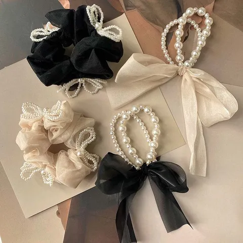 Korean Style Artificial Pearl Bowknot Scrunchie Ribbon Elastic Hair Band Women Elegant Organza Hair Rope Accessories