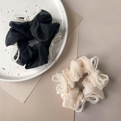 Korean Style Artificial Pearl Bowknot Scrunchie Ribbon Elastic Hair Band Women Elegant Organza Hair Rope Accessories