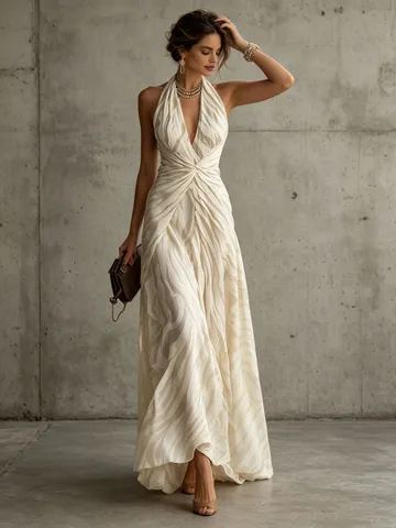 Women French Resort Style Halter Pleated Maxi Dress Elegant Sleeveless V-Neck Slim Fit Long Dress Summer Casual Wear