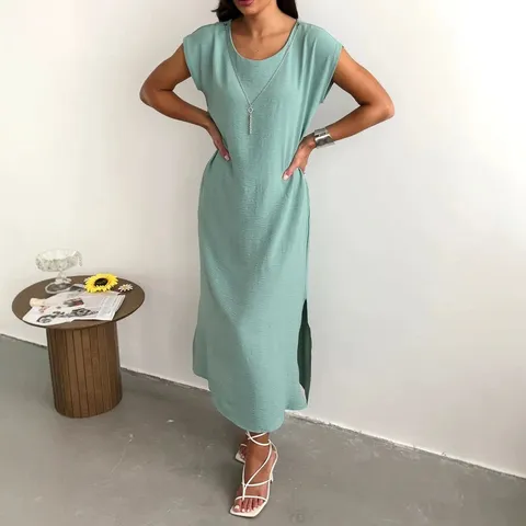 Women Casual Solid Color Sleeveless Midi Dress Summer Loose A-Line Tank Dress O-Neck Patchwork Fashion Vest Dress
