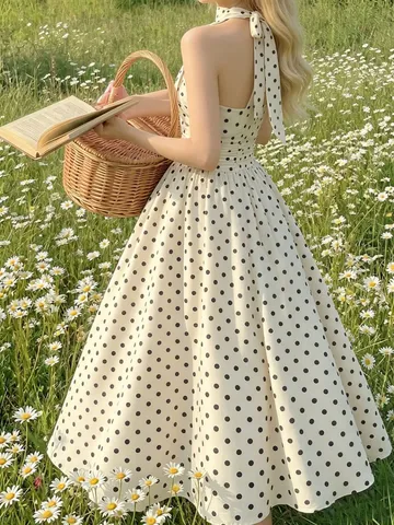 French Vintage Polka Dot Halter Dress Women Summer New Waist Slimming A Line Long Dress Elegant Resort Style