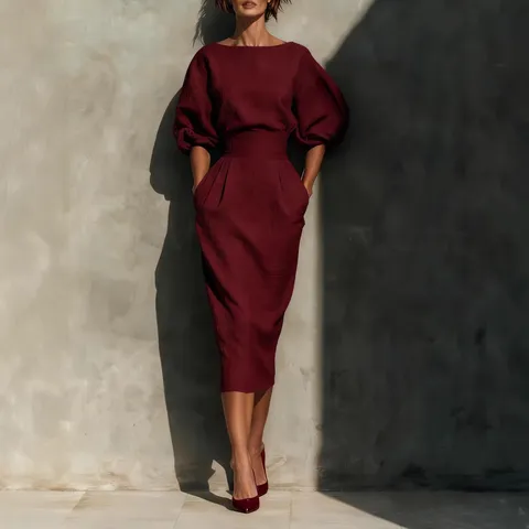 Women Elegant Vintage Boat Neck Long Bubble Sleeve Top And High Waist Pleated Midi Skirt Set Chic Casual Outfit