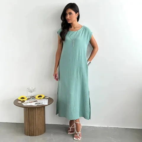 Women Casual Solid Color Sleeveless Midi Dress Summer Loose A-Line Tank Dress O-Neck Patchwork Fashion Vest Dress