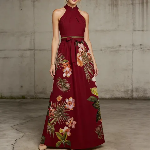 Women's Halter Neck Tropical Floral Print Maxi Dress Elegant Sleeveless High Waist Evening Party Long Dress Resort Style