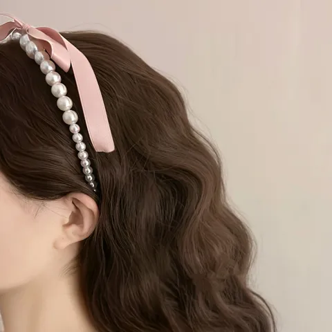 French Style Creamy Girl Pink Ribbon Bow Artificial Pearl Headband Sweet Elegant Hair Hoop For Women Fashion Accessories