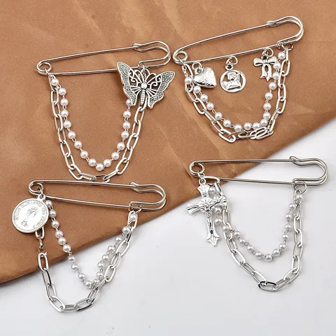 Vintage Metal Safety Pin Brooch With Double Layer Chain And Artificial Pearl Cross Butterfly Heart Queen Elizabeth Pendant