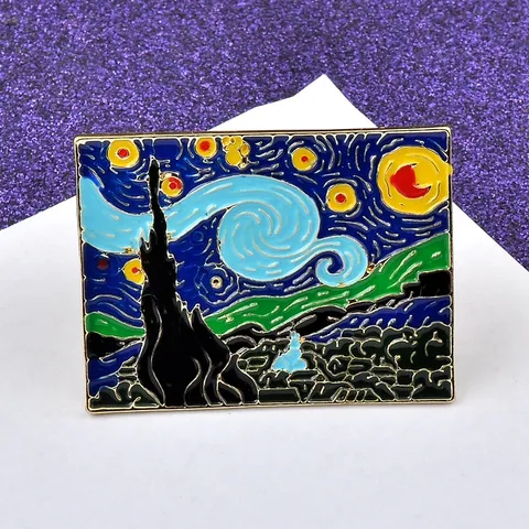 Broche en Émail Van Gogh Nuit Étoilée Artistique Peinture à l'Huile Pin's de Revers en Alliage Bijoux Cadeau pour Hommes Femmes