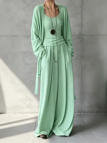 Completo Casual da Donna Vintage in Maglia Tinta Unita Top And Bottom Cardigan Lungo Canotta e Pantaloni a Gamba Larga
