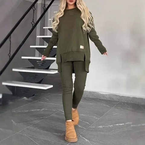 Women Casual Solid Color Long Sleeve Crew Neck Sweatshirt And Leggings Set Fleece Lined Winter Two Piece Tracksuit