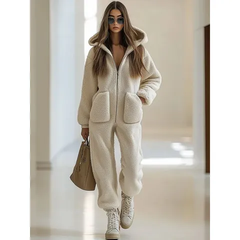 Women Casual Hooded Plush Jumpsuit Long Sleeve Zipper Pocket Solid Color Loose Straight Fleece Long Romper Loungewear