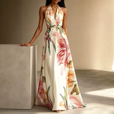Women's Summer Resort Style Floral Printed Halter Neck Backless Elegant Large Swing Lace-Up Maxi Dress