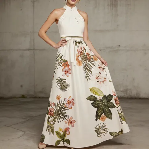 Women's Halter Neck Tropical Floral Print Maxi Dress Elegant Sleeveless High Waist Evening Party Long Dress Resort Style