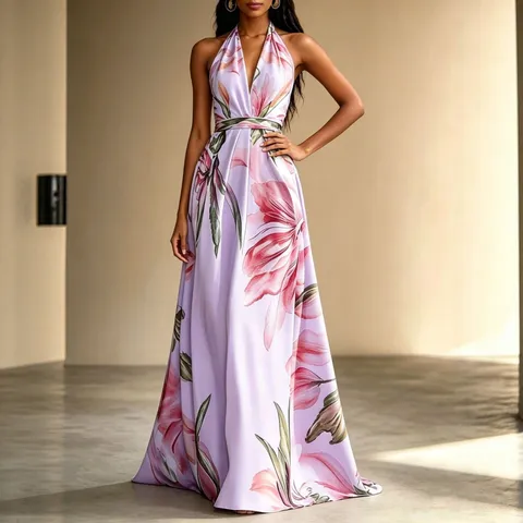 Women's Summer Resort Style Floral Printed Halter Neck Backless Elegant Large Swing Lace-Up Maxi Dress