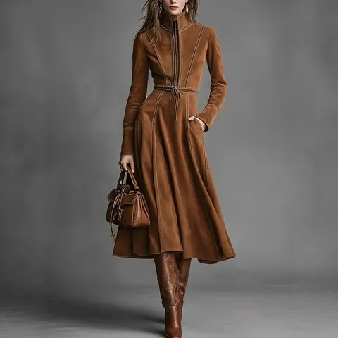 Damen Retro Wildleder Maxikleid Elegant Stehkragen Langarm Hohe Taille Reißverschluss Kordelzug Einfarbig Casual Kleid