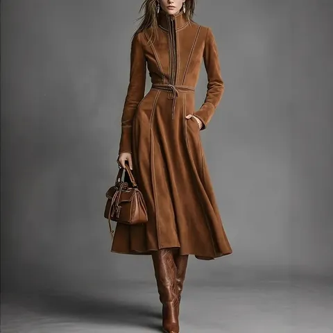 Damen Retro Wildleder Maxikleid Elegant Stehkragen Langarm Hohe Taille Reißverschluss Kordelzug Einfarbig Casual Kleid