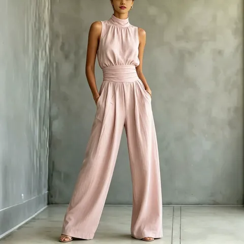 Combinaison Femme Décontractée Sans Manches Col Montant Jambe Large Polyester Couleur Unie Taille Haute Tricotée Élégante Romper Longue Été Mode Tenue Une Pièce