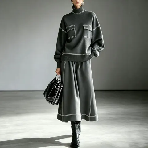 Women Autumn Winter Turtleneck Colorblock Knit Loose Flared Long Skirt Two Piece Set Elegant Casual Top And Bottom Outfit