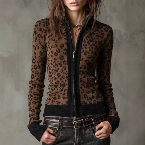 Veste Cardigan Slim Imprimé Léopard Rétro pour Femmes Manches Longues Fermeture Éclair Automne Hiver Vêtements d'Extérieur