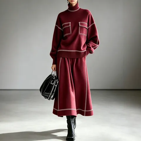 Women Autumn Winter Turtleneck Colorblock Knit Loose Flared Long Skirt Two Piece Set Elegant Casual Top And Bottom Outfit