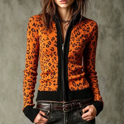Veste Cardigan Slim Imprimé Léopard Rétro pour Femmes Manches Longues Fermeture Éclair Automne Hiver Vêtements d'Extérieur