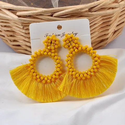 Boho Fächerförmige Quasten Ohrringe Handgefertigte Künstliche Kristallperlen Creolen Für Damen Ethnischen Stil Schmuck
