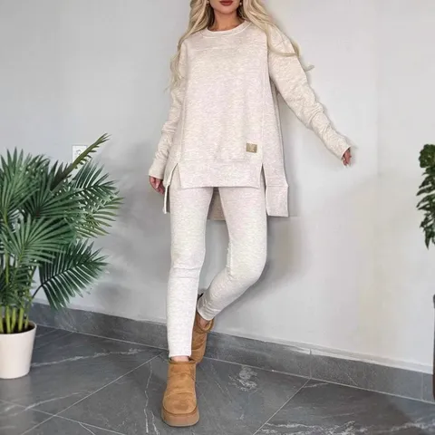 Women Casual Solid Color Long Sleeve Crew Neck Sweatshirt And Leggings Set Fleece Lined Winter Two Piece Tracksuit