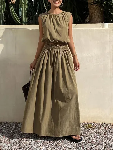 Women Summer French Vacation Style Sleeveless Pleated Long Dress Solid Color Casual Two Piece Skirt Set