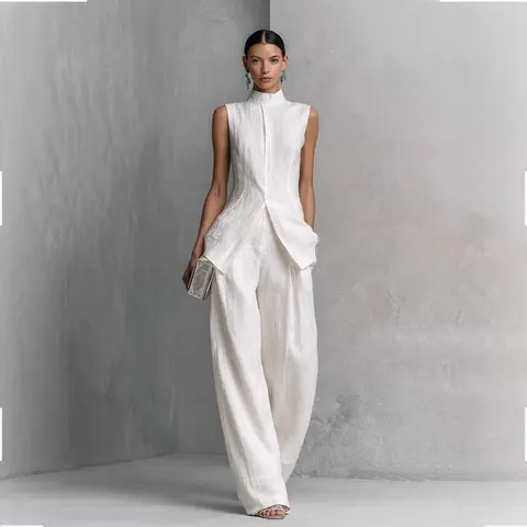 Elegante Tuta da Donna Senza Maniche Sopra e Sotto Tinta Unita Drappo Casual Pantaloni Completo Vita Alta Gamba Larga Minimalista