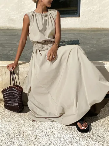 Women Summer French Vacation Style Sleeveless Pleated Long Dress Solid Color Casual Two Piece Skirt Set
