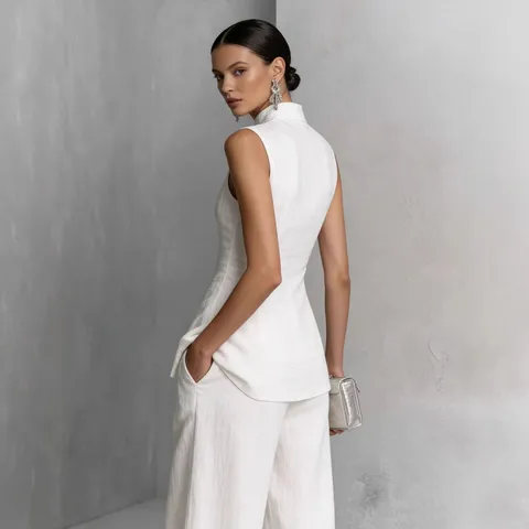 Elegante Tuta da Donna Senza Maniche Sopra e Sotto Tinta Unita Drappo Casual Pantaloni Completo Vita Alta Gamba Larga Minimalista