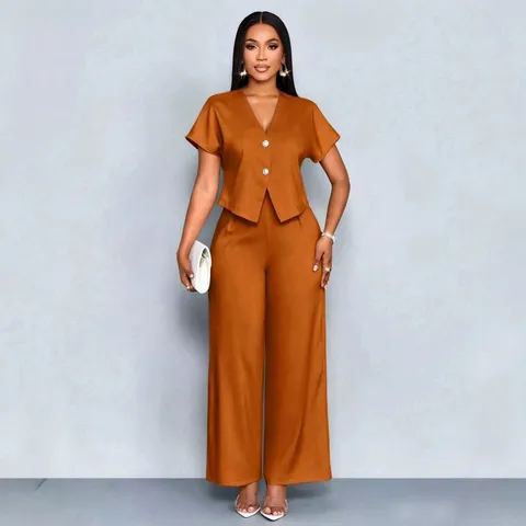 Damen Sommer Casual Zweiteiliges Set V-Ausschnitt Kurzarm Unregelmäßiger Cardigan Und Gerade Weite Hosen Outfit