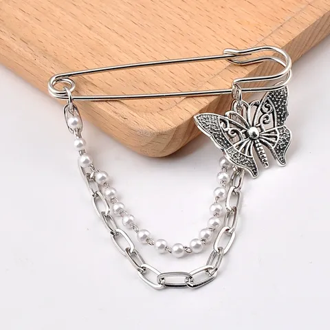 Vintage Metal Safety Pin Brooch With Double Layer Chain And Artificial Pearl Cross Butterfly Heart Queen Elizabeth Pendant