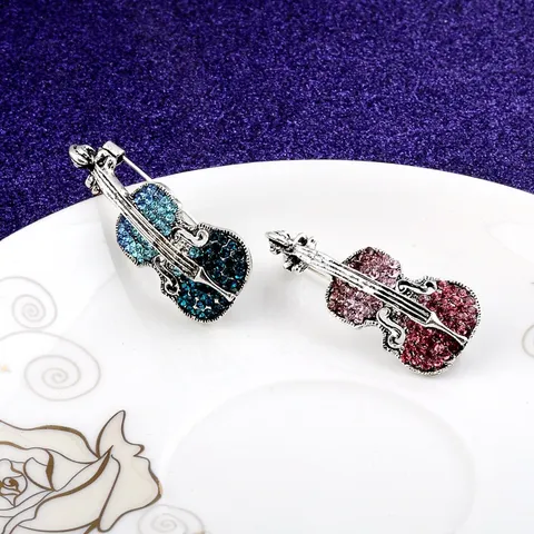 Vintage Alloy Rhinestone Violin Brooch Personalized Artistic Musical Instrument Pin For Women Men Fashion Jewelry Gift Accessory