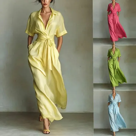 French Resort Style Elegant Vintage Casual Solid Color Maxi Dress Women Lapel Collar High Waist Slimming Party Dress