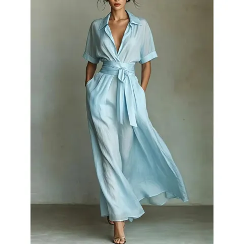 French Resort Style Elegant Vintage Casual Solid Color Maxi Dress Women Lapel Collar High Waist Slimming Party Dress